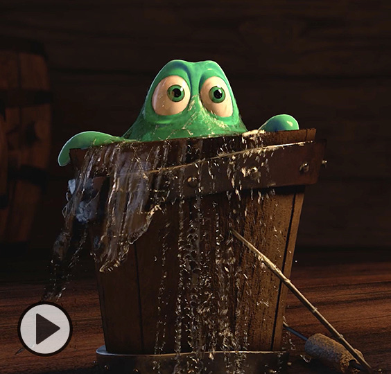 An animated baby Kraken peers out from a wooden bucket used for swabbing the decks of a pirate ship.