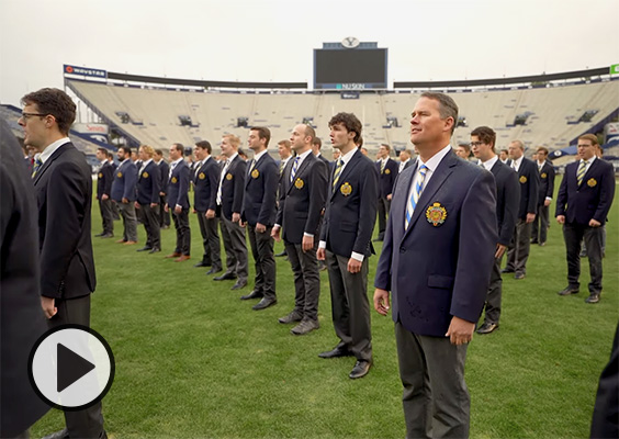 The BYU Men's Chorus is joined by alumni from the past 60 years to perform on the field at LaVell Edwards Stadium.