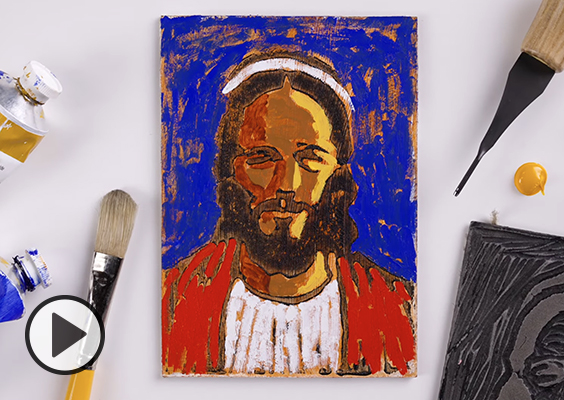 A child's painting of Christ is surrounded by paints, brushes and other art supplies.