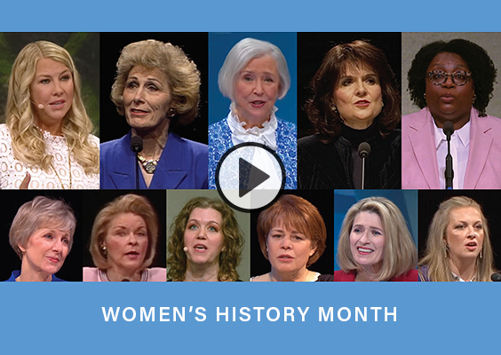 The text Women's History Month with headshots of 11 women speaking at BYU.