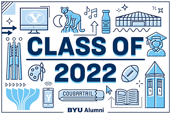 This fun graphic in light and dark blue shows footballs, chocolate milk, buildings, and other BYU icons, with the words Class of 2022.