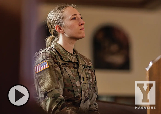 Portrait of female military chaplain Dawn Dimick in a church. Photo by Bradley Slade.