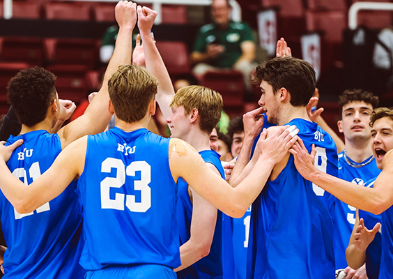 The No. 2 seeded BYU men’s volleyball huddles and celebrates as they advance in the MPSF tournament.