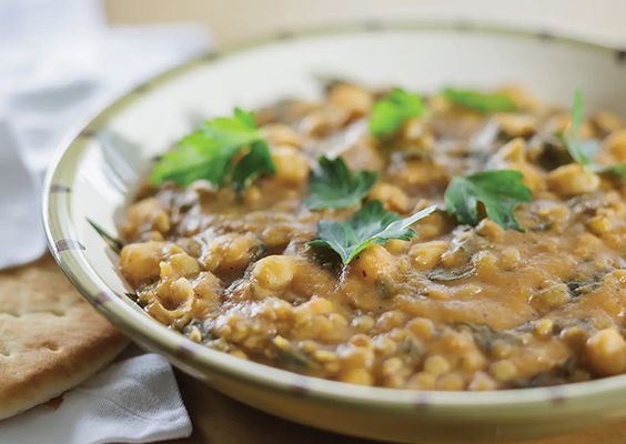 Closeup of harira, a delicious Moroccan soup made with chickpeas, lentils, and beef often used to break the fast during Ramadan.