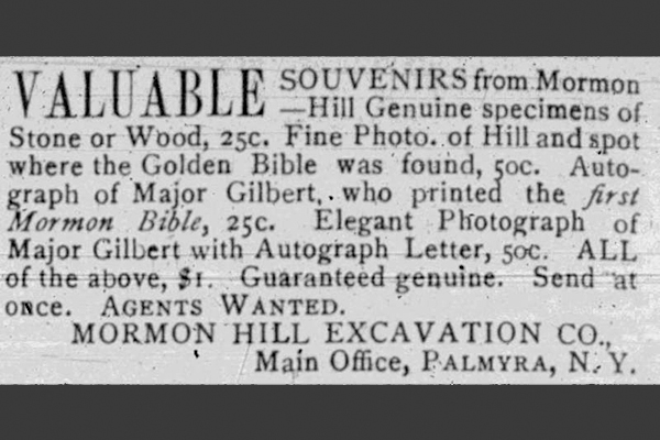 An ad from the Women's Exponent offers valuable souvenirs from Mormon Hill including genuine stone or wood specimens, photos, and autographs.