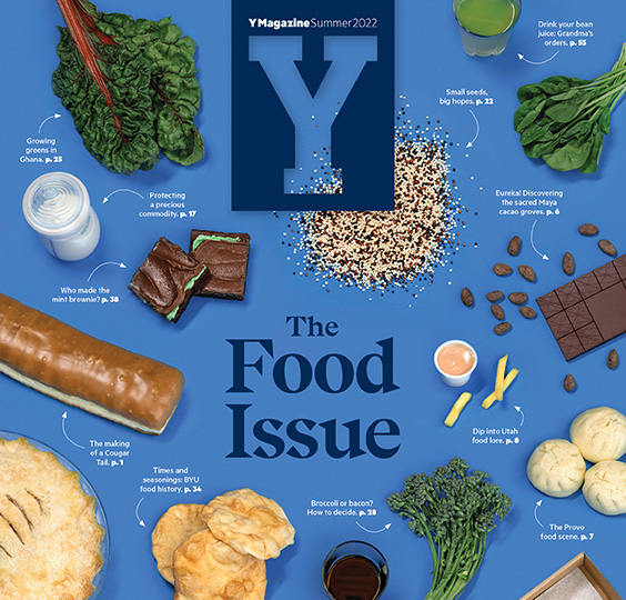 The cover of the summer 2022 issue of Y Magazine with the text The Food Issue and a variety of food items related to the buffet of content inside.