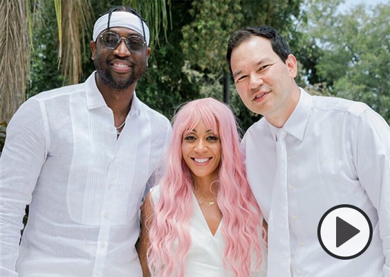 From left, all dressed in white, are former NBA star Dwyane Wade, his stylist and creative director Calyann Barnett with pale pink hair and Stance EVP and BYU grad Clarke Miyasaki.