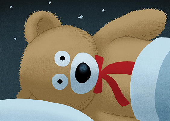 With the moon and stars shining in the night sky, a teddy bear is lying in bed on a soft pillow, eyes big and wide awake.