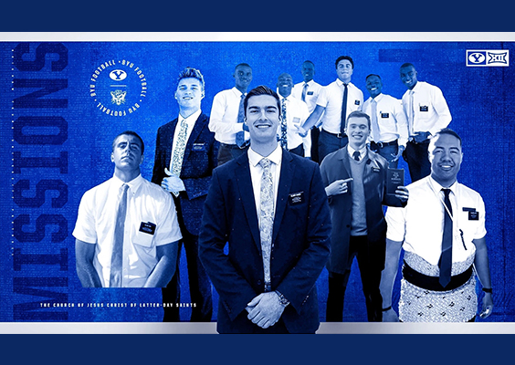 A photo montage compositing images of BYU football members as missionaries for the Church of Jesus Christ.