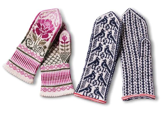 Drawing on her Swedish ancestry, Bigelow has adapted traditional mitten knitting motifs with her own design handiwork, like the pink flower (left). Photo by Bradley Slade.