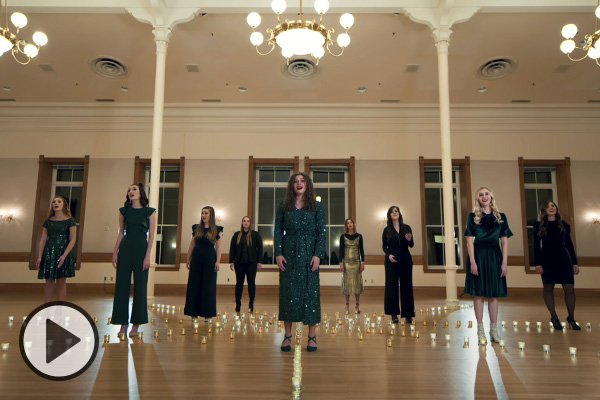 BYU Noteworthy is all dressed up and singing from the ballroom of the BYU library, chandeliers above and votive candles arrayed on the floor below.