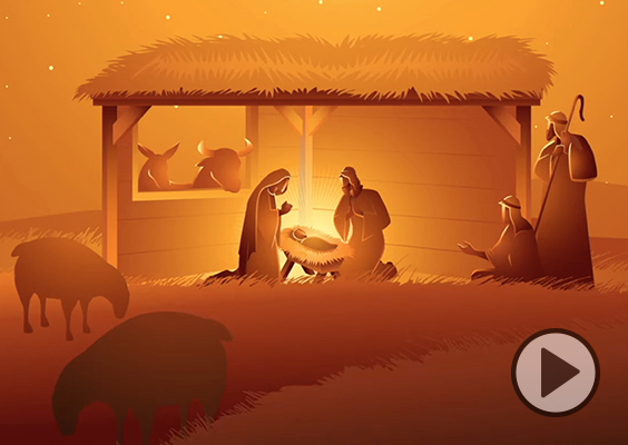 A golden silhouetted illustration of the manger where Jesus Christ was born.