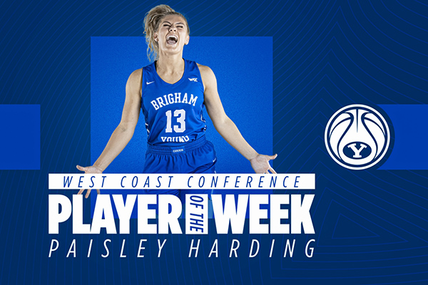 The text West Coast Conference Player of the Week Paisley Harding and a photo of Paisley on a blue background.