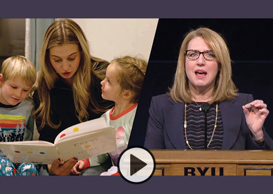Liz Wiseman at right tells teh story of when she was a young mother dealing with bedtime routines. Also pictured, a mom reads a book with her young children.