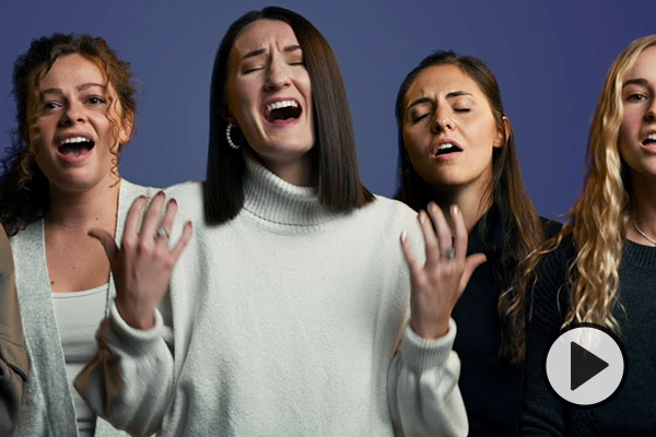 Four members of BYU Noteworthy in a composite image, each singing with emotion.