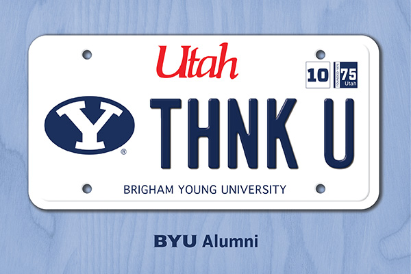 A personalizeed BYU license plate says THNK U.