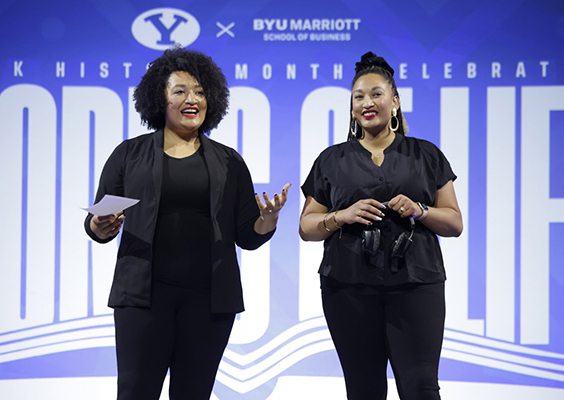 Alexis Bradley and Chante Stutznegger host a Stories of Life event on the Marriott Center floor