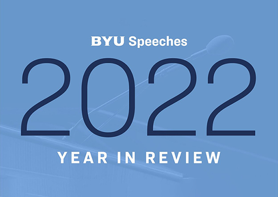A light blue background with a podium with the text BYU Speeches 2022 Year in Review.
