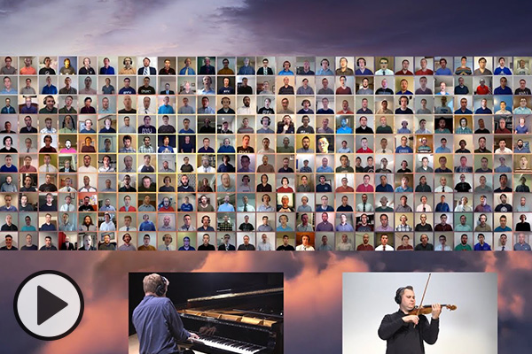 A virtual choir with dozens of singers, a pianist, and a violinist.