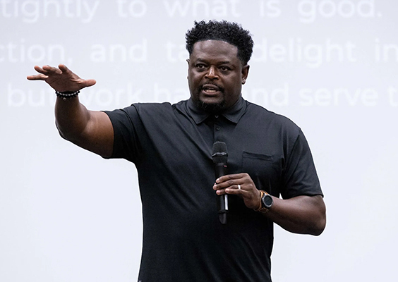 The Rev. Dr. Derwin Gray, a former BYU and NFL player, speaks about racism during a presentation in the Wilkinson Student Center on the BYU campus in Provo, Utah, on Friday, Sept. 9, 2022. Photo by Jaren Wilkey, BYU.