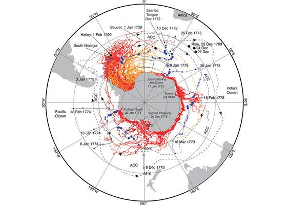 Comparison of the modern and historical datasets: BYU/NIC in red, AWI in orange, Halley, Bouvet, and Riou observations in black and Cook's cruise tracks and data points in blue. Photo courtesy Journal of Glaciology.