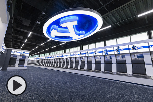 The just-completed football locker room renovations in the Student Athlete Building.