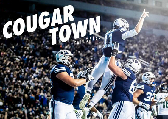 BYU football players celebrate in the end zone next to text that reads Cougar Town Tailgates.