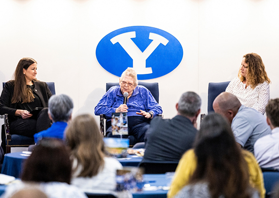 Liz Darger (left) leads a panel discussion with Janie Penfield Rasmussen (right) and legendary former BYU player, coach, and administrator Elaine Michaelis (center).