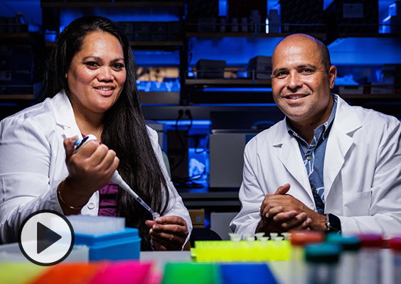 BYU Hawaii president John “Keoni” Kauwe and BYU PhD candidate Justina Tavana work in a campus lab.