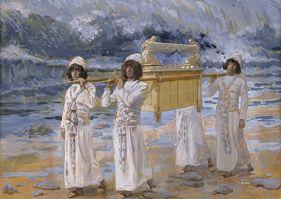 The Ark Passes Over the Jordan, a painting by James Tissot, depicts four men in white robes carrying the ark of the covenant.
