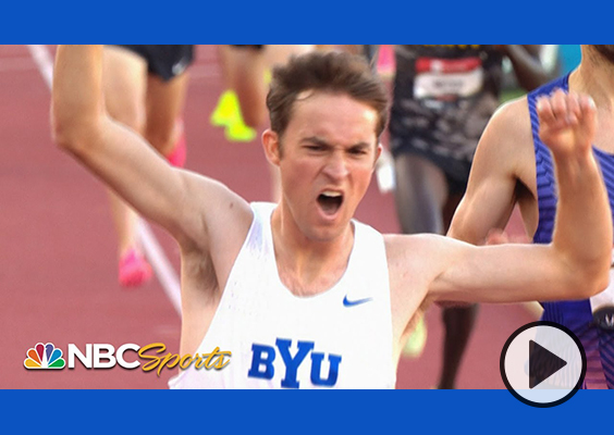 Kenneth Rooks raises his arms as he wins the steeplechase. NBC Sports.