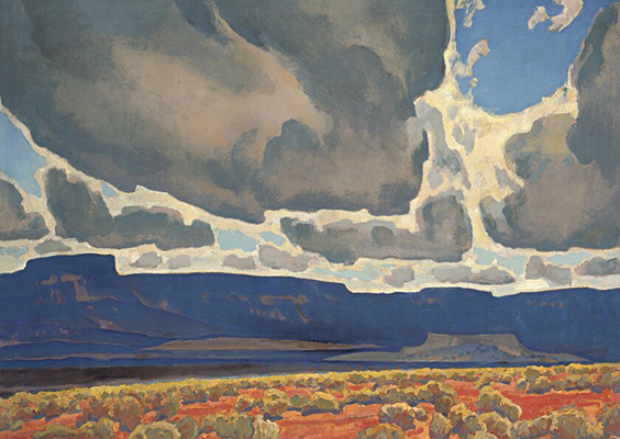Landscape painting by Maynard Dixon (1875-1946), Mesas in Shadow, 1926, oil on canvas, 30 1/4 x 40 inches. Photo by Brigham Young University Museum of Art, 1937.