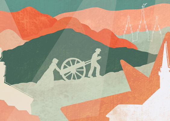 BYU geography professor Brandon Plewe has studied how early Pioneer saints established the church in the Utah desert and says he’s impressed by their dedication and faith that brought order to the burgeoning frontier. Illustration of handcart pioneers and Utah mountains by Chalet Moleni.