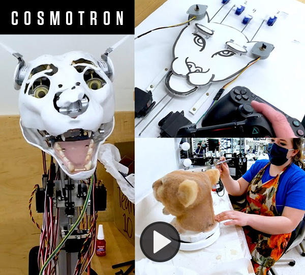 A combination of three images showing the face of an animatronic cougar, a controller schematic and anohter cougar head with theatrical fur being applied.