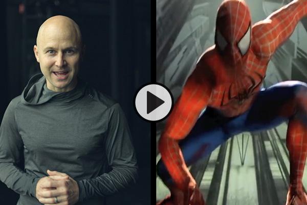 Professor Adam Dyer shown speaking in a split image that also shows him dressed as Spider-Man in a Broadway production.