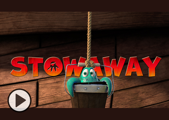 A baby kraken sits in a pirate ship's bucket hanging from a rope in the BYU animation Stowaway.