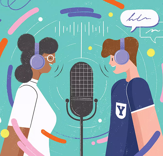 Two BYU podcasters wearing headphones stand on either side of a large microphone and speak. Illustration by Kimberly Morris.
