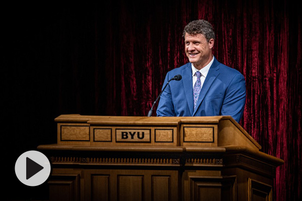 Steven Harper, professor of Church history and doctrine, speaks at a BYU devotional.