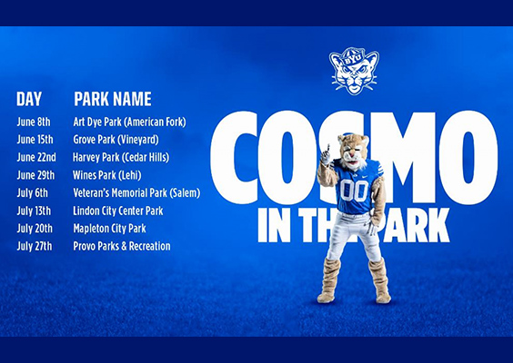 A blue graphic showing Cosmo in the Park dates. Go to webpage for info.