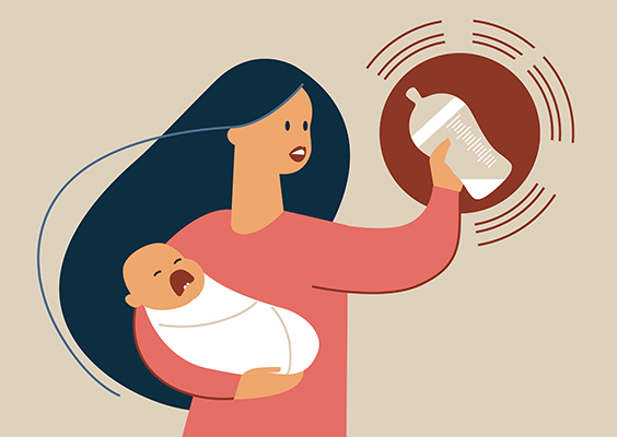 An illustration of a mom holding a crying baby and a nearly empty bottle of formula. Illustrated by zubada/Getty