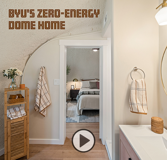 An interior shot of the bedroom and bath of BYU's zero-energy dome home.
