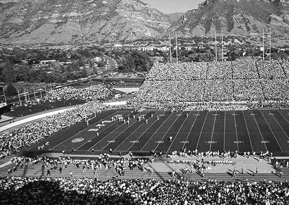 A black-and-white photo of Cougar Stadium in the early 80s. Photo by Mark Philbrick.