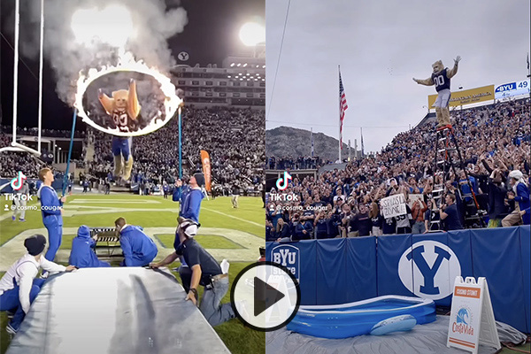 At left Cosmo jumps through a ring of fire. At right Cosmo is on a ladder in the stadium bleachers about to bellyflop into a rectangular blue pool.