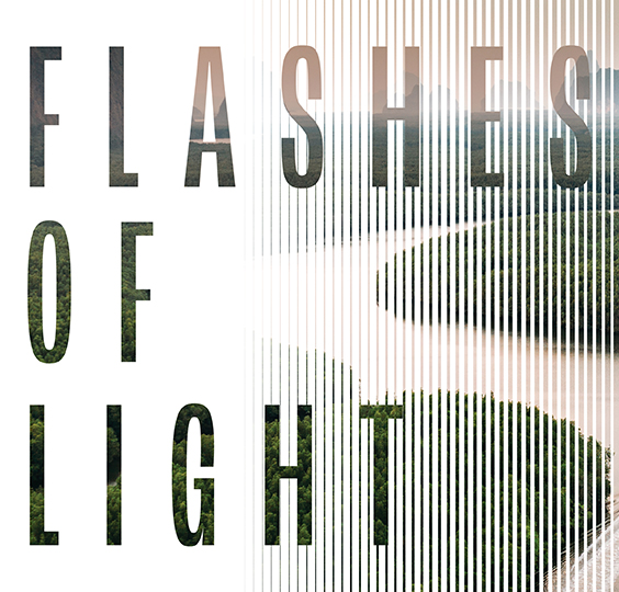 THe words Flashes of Light backed by a body of water with a forested far edge, separated by white lines, illustrating the slabs of a massive concrete wall on a bridge that had small gaps between them. Illustration by Adam Johnson.