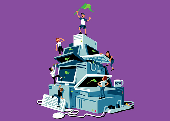 An illustration where students climb on a mountain of computers displaying green flags. One stands on teh top, holding aloft a  captured flag.