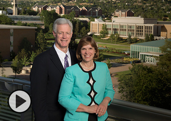 Kevin and Peggy Worthen, with central campus in the background.