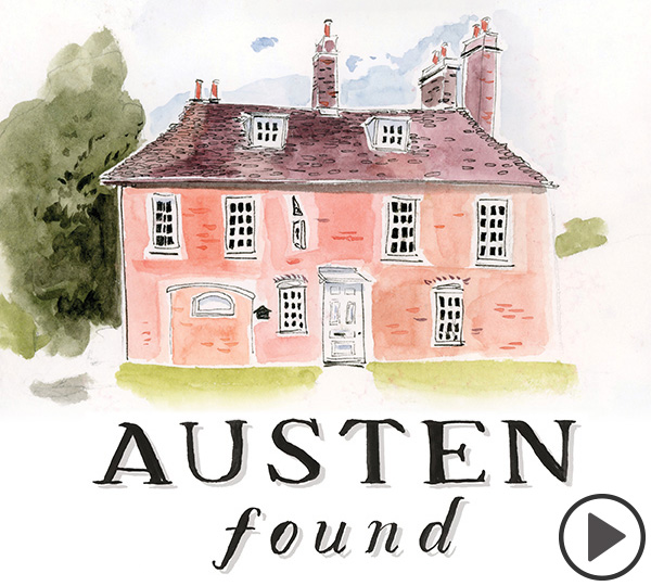 A watercolor illustration of a red English country home with the words Austen Found at the bottom.