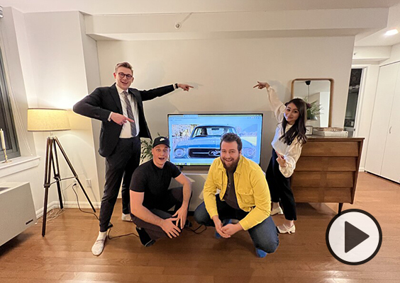 Former BYU students Tyler Richardson, Asher Huskinson, Campbell George and Rebekah Baker reunited in Richardson’s apartment in New York to watch the College Television Awards on March 27, 2022, when they when the best commercial award. BYU Photo.