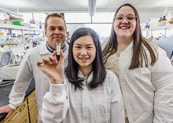 A new cancer drug is ready for human trials. TP-5809 was discovered by BYU researchers—from left, Josh Andersen, Tsz-Yin Chan, and Chrissy Egbert—in tandem with a pharmaceutical company. Photo by Bradley Slade.