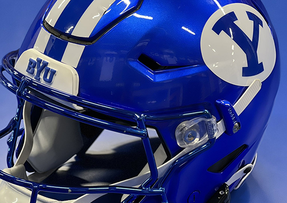 The new royal blue gloss finish gleams on this helmet for BYU football.
